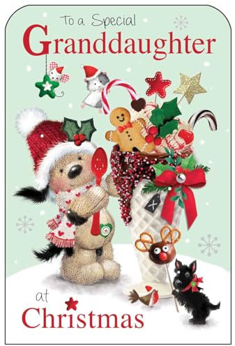 Weihnachtskarte für Enkelin – besondere Enkelin – Hund und Leckereien – festliches Design – spezielle Oberflächen und illustriertes Blatt – hergestellt in Großbritannien
