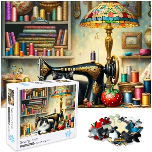 crowm Puzzle für Erwachsene, 1000 Teile, die Nähzimmer-Katze, herausfordernde Puzzles für Spielabende, Wohnzimmer, Kunstdekor & Nähliebhaber, Geschenke