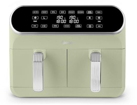 Swan SD10519G Retro Dual Basket Air Fryer with Swan Cyclone Technology, LED Display, 8 Pre-Set Cooking Options, 8L, 1700W, Green