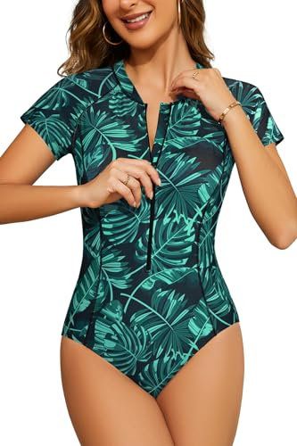 SHEKINI Women's One Piece Rash Guard Short Sleeve 1/4 Zip up Swimsuit Quick Dry Bathing Suit Build in Bra Swimming Costume, Green Leaf Printed, M