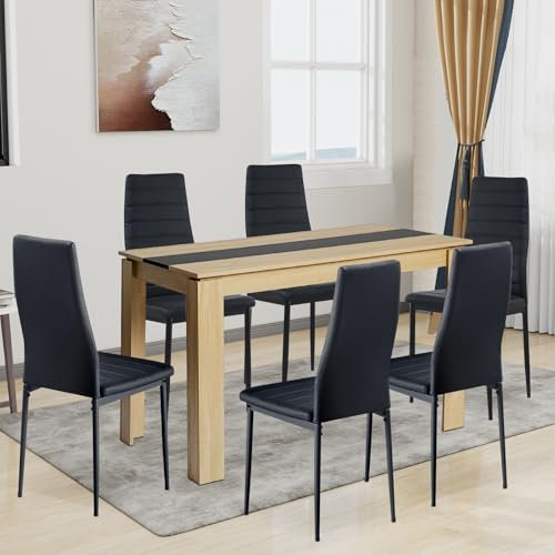 FURNITABLE Esstisch mit 6 Stühlen Esszimmergruppe, Essgruppe mit Hochlehner Kunstleder Stuhl für 6 Personen, Sitzgruppe für Küche Esszimmer Wohnzimmer(120cm Eiche-Schwarz Tisch+6 Schwarz Stühle)