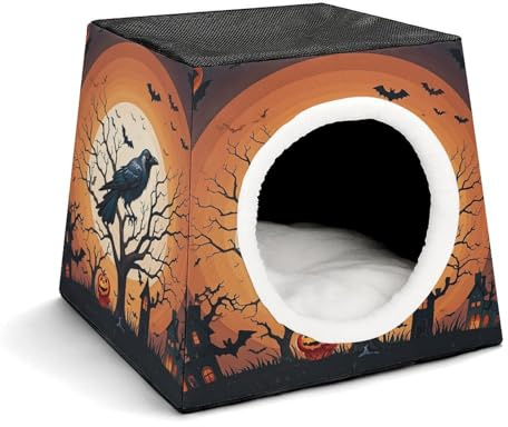 Haustier-Schlafnest, Raben-Halloween-bedrucktes Hundehaus, Katzennest, Winter-Haustierhaus ist geeignet für die meisten Katzen, Hunde und andere kleine Haustiere