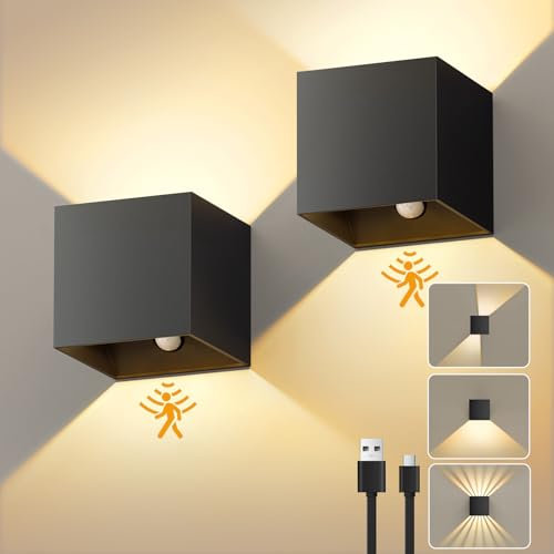 NIBSHOOM 2 Stück Akku Wandleuchte Innen Mit Bewegungsmelder,Wandlampe Akku Einstellbar Strahlform,3000K LED Wandleuchte USB Aufladbar,Kabellos Dimmbar Schwarz Aluminium für Schlafzimmer Wohnzimmer