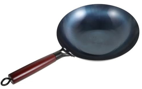 Cabilock Wok De Hierro Tradicional Con Fondo Redondo Sartén Antiadherente Sin Revestimiento De Mango De Madera Compatible Para Exteriores y Cocina Doméstica Fácil De Limpiar y Duradero