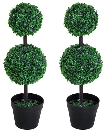 Outsunny Plantas Artificiales Set de 2 Plantas Artificiales Grandes de 67 cm con 2 Bolas, arbol Artificial de plastico en Maceta, arbol Artificial como Real para Salon Dormitorio Oficina Jardin