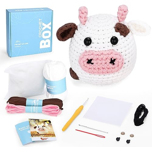 CrochetBox CROCHET BOX Komplettes Häkelset für Anfänger, Weißer Bulle Häkelset, Video-Tutorial einbeziehen, Anleitung, Weiches Garn