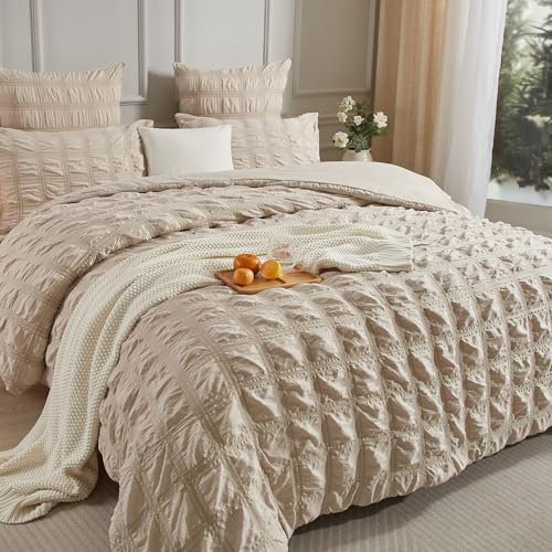 Luofanfei Seersucker Housse de Couette 200x200 Beige a Carreaux Rayés 2 Personnes Parure de Lit Adulte Uni Microfibre Unie Parure Housse Couette zippée avec 2 Taies d'oreiller 65x65