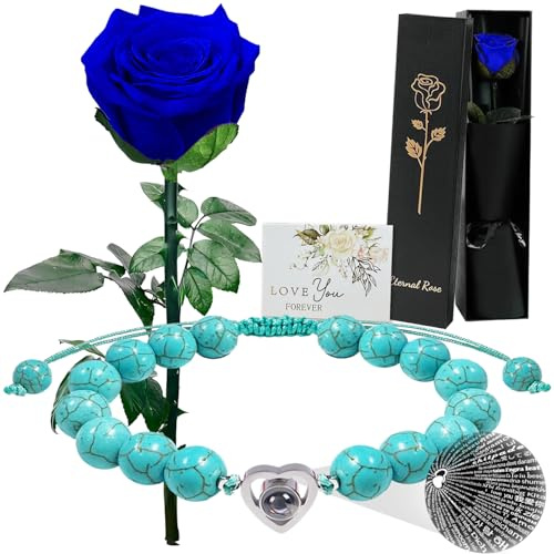 Rosas Eternas Real,Rosa Preservada con Tallo,Ramo Flores Naturales Hechas a Mano para Día de la Madre Día de San Valentín Navidad Acción Gracias Madre Abuela Esposa Novia Cumpleaños Regalo(Azul)