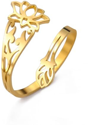 Dreamtimes Lotus Blume Ringe für Frauen Edelstahl Vintage Yoga Schmuck Ermutigung Elegant Boho Einstellbare spirituelle Ring Mutter Bague Geschenk (Gold)
