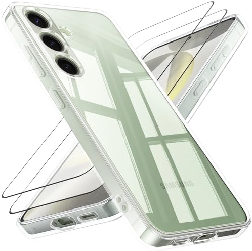 Vancle Coque pour Samsung Galaxy S24 5G avec 2 Pièces Protecteur D'écran en Verre Trempé, Coque de Protection en Silicone, Verre Trempé Anti-Rayures sans Bulles (Transparent, Samsung S24)