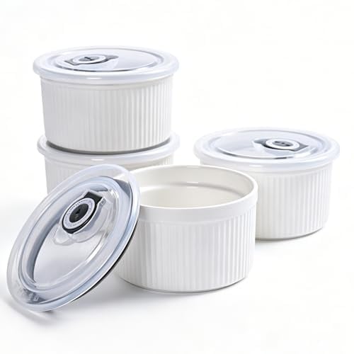 Ceramic Ramekins with Lids Oven Safe Set of 4, 400ml - 14oz Ceramic Baking Dishes, Ideal for Crème Brûlée, Individual Desserts & British Puddings, Air Fryer & Dishwasher Safe, (White)
