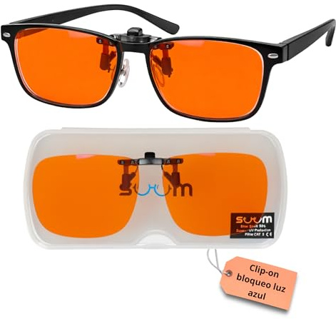 SUUM Clip-On de Pinza Abatible Filtro Luz Azul para Gafas Graduadas - Lentes Naranja Antifatiga para Pantallas y Lectura - Clip Luz Azul para Gaming y Trabajo con Visión Dual