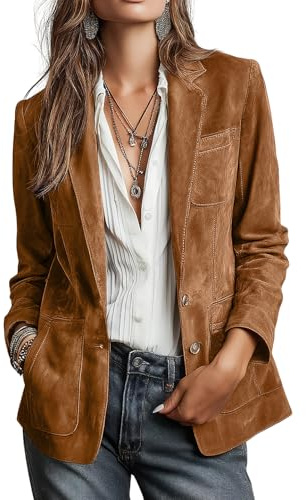 chouyatou Women's Retro Faux Suede Leather Blazer Jacket Notched Collar Work Dressy Business Casual Coat (Meidum,Brown)