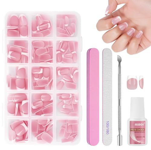 BUTBU French False Nails, 240PCS Short Coffin Press on nails Kit, Full Cover Stick on nail with Glue, 15 Sizes Nude Color Nail Tips for Women and Girls Manicure Art Salon (Pink B)