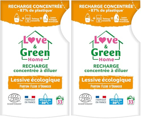 Love & Green Home Recharge concentrée à diluer de lessive écologique parfum fleur d'oranger. Certifiée Ecodétergent par Ecocert - Fabriquée en France - 500ml pour reconstituer 1,5L de lessive.