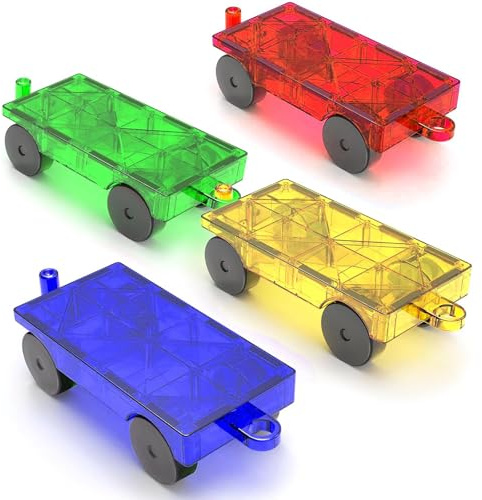 Magnetische Bausteine Auto Erweiterungsset, 4 Grüne & Gelbe Magnetbausteine für Kinder, Kompatibel mit Magnetischen Fliesen, Lernspielzeug ab 3 Jahren für Kreativität & Konstruktion