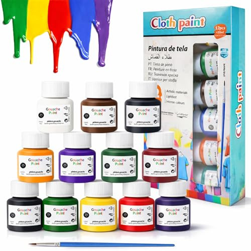 Textilfarbe Set 12×25 ml, Textilfarbe waschmaschinenfest, Stoffmalfarben waschfest & waschmaschinenfest – Leuchtende Stofffarben für T-Shirts, Kleidung, Taschen & DIY Textilien