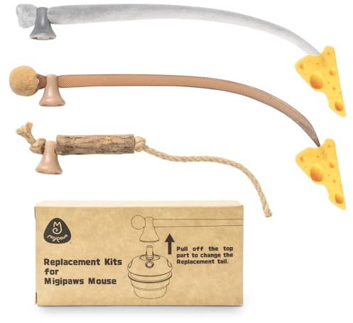 Migipaws Lot de 3 Jouets de Rechange pour Chats Plastique élastique, Tissu Doux et bâtonnets à l'herbe à Chat – Compatibles avec Les Jouets pour Chats Migimouse de