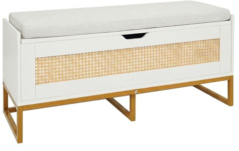 COSTWAY Banc de Rangement en Rotin 100 cm, Banc Chaussures Entrée, Coussin Rembourrée, Couvercle Abattant, Banquette Coffre pour Entrée Salon Chambre, Charge 200 kg, 100 x 35 x 44 cm (Blanc)
