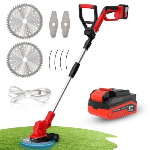 OUTIGO Tosaerba a batteria, decespugliatore a batteria, 1 batterie da 21 V (4 Ah), tagliabordi elettrico 3 in 1, manico telescopico pieghevole, decespugliatore da giardino a batteria
