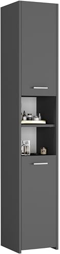 Framire Hochschrank Bad Anthrazit, Schmaler Badezimmerschrank mit Türen und offenen Fächern, Badregal für Handtücher, Kosmetik und Zubehör, 40 x 30 x 170 cm - Modern L-1