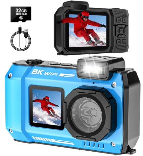 UHD 8K 70MP fotocamera subacquea galleggiante, fotocamera digitale WiFi impermeabile 33FT messa a fuoco automatica selfie doppio schermo, zoom 18X batteria 2500mAh con scheda da 32 GB per snorkeling
