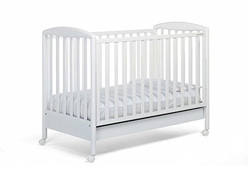 Foppapedretti Lettino con Sponda Regolabile Lucy, Legno di Faggio, Made in Italy, Rete a Doghe di Faggio, Ampio Cassetto, Regolabile a Doppia Altezza, 4 ruote, 131x103x71 cm, Bianco