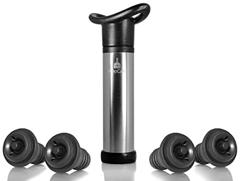 VinoCare Pompe à Vin - Coffret Vacu Vide Sommelier avec 4x Bouchons Triple Flange - La Meilleure façon de Conserver son Vin | Black edition (Argenté)