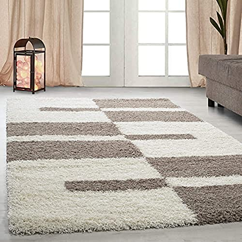 Ayyildiz Teppich-Hochflor Shaggy Teppich Karo Linien Muster Flauschig , Polypropylen, Beige, 80 X 150