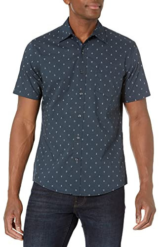 Amazon Essentials Men's Slim-Fit Short-Sleeved Button-Down Printed Shirt, Navy White Anchor Print, S