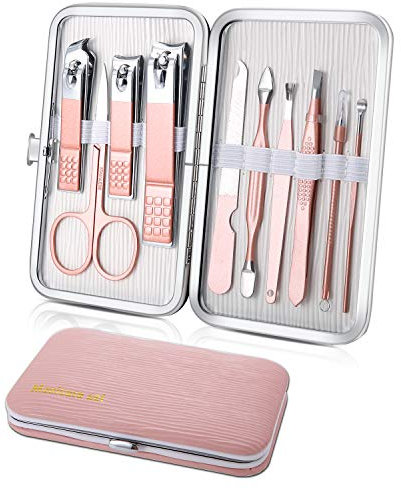 Manicure Set 10pcs Professional Nail Clippers Kit Pedicure Care Tools-Stainless Steel Grooming Tools for Travel (Pink)