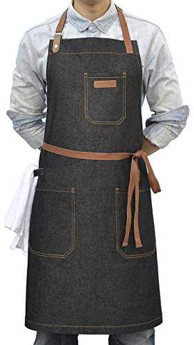 DingSay Trendy Denim-Kochschürze mit Taschen, professionelle Küchenschürze für Herren und Damen, schwarze Schürze zum Kochen, Grillen, Grillen, Servierer, mit Handtuchschlaufe und verstellbaren