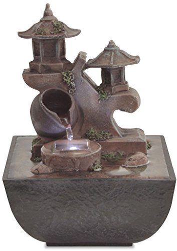Tidyard Zimmerbrunnen mit Beleuchtung, Indoor-Brunnen aus Polyresin mit Pumpe und Beleuchtung, Orientalische Architektur, Grau und Braun