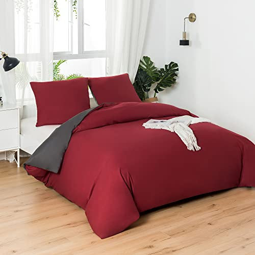 MOHAP Parure de Lit Réversible avec Fermeture éclair Microfibre 240x260 cm Rouge + Gris Foncé et 2 Taies d'oreiller 65x65 cm Housse de Couette Adulte