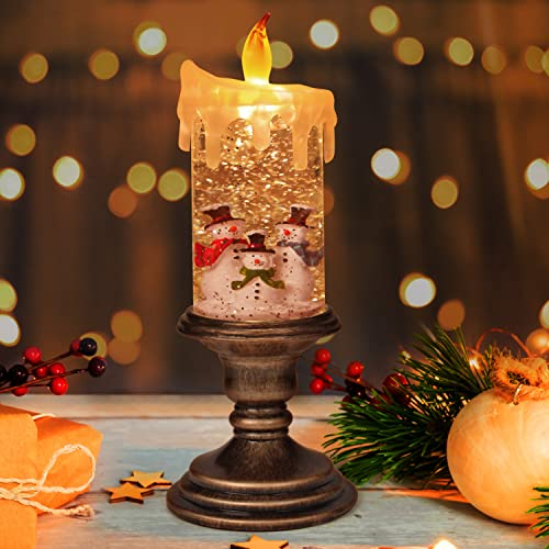 Belle Vous Bougie Noel LED Boule à Neige - Motif Bonhomme de Neige 26x10 cm - Bougie à LED Remplie d’Eau et de Paillettes sur Un Pied de Bronze pour Centre de Table de Noël