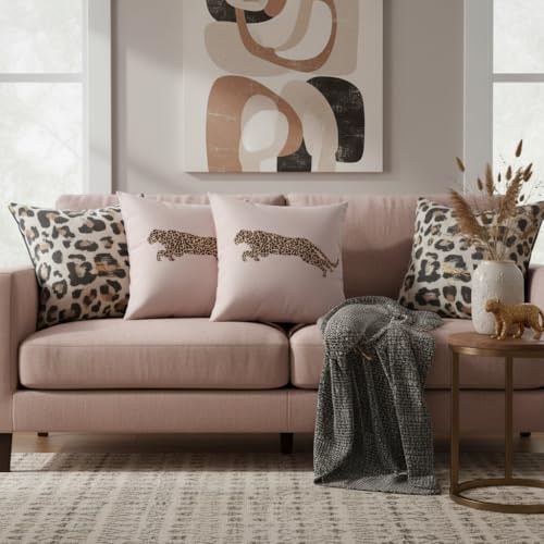 Manfei Afrikanische Geparden Wurf Kissenbezüge Pack von 2,Braun Leopard Kissenbezug für Kinder Mädchen Frauen Wohnzimmer Sofa Dekor, Wilde Tiere Thema Rosa Kissenbezüge, 45x45 cm