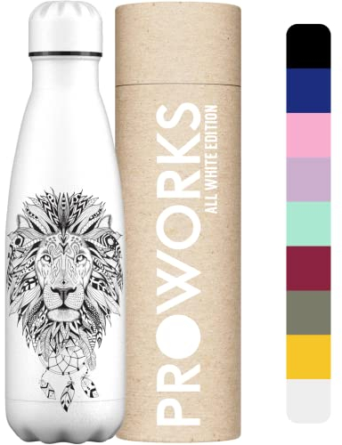 PROWORKS Bouteille d'eau Isotherme, sans BPA, Gourde INOX Reutilisable pour Maintien Chaud de 12 Heures & du Froid Jusqu’à 24 Heures, Sport, Gym, Voyage - 1 Litre - Tout Blanc - Lion Aztèque
