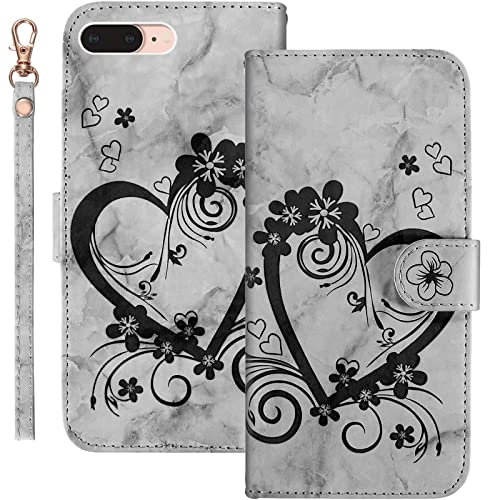 Bartern Handyhülle für Apple iPhone 7 Plus Klappbar,Herz(Liebe)+ Blumen iPhone 8 Plus Hülle,PU Leder Wallet Schutzhülle Tasche Klapphülle mit Kartenfach Magnetverschluss Standfunktion,Schwarz