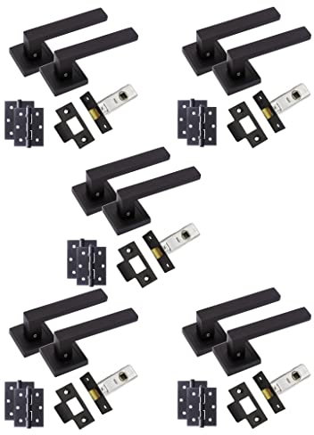 Golden Grace Delta Door Handles on Square Rose in Stunning Matte Black Finish Complete with 1 Pair of 3 Ball Bearing Hinges & 64mm Tubular Latch - 5 Pairs