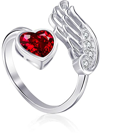 Qings Granat Januar Geburtsstein Ringe Sterling Silber Damen Verstellbarer Birthstone Flügel Feder Rot Herz Zirkonia Verlobungsring Eheringe Geburtsstein Schmuck für Frau Freundin Mädchen