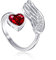Qings Granat Januar Geburtsstein Ringe Sterling Silber Damen Verstellbarer Birthstone Flügel Feder Rot Herz Zirkonia Verlobungsring Eheringe Geburtsstein Schmuck für Frau Freundin Mädchen