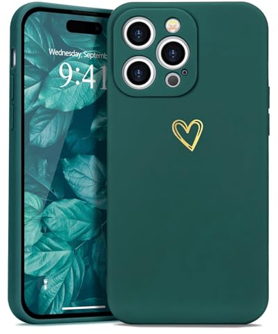 Wirvyuer Compatible with iPhone 14 Pro Max Case for Girls Women Silky Soft Protective Shockproof Silicone Phone Case with Cute Gold Heart Pattern Design Green Bumper Cover