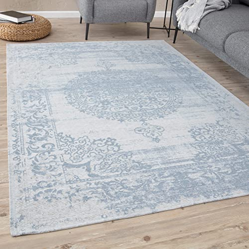 THE RUGS Machine Washable Rug – Vintage Design Rugs for Living Room, Bedroom, Hallway, Flat-weave Area Rugs, (Blue, 80x150 cm)