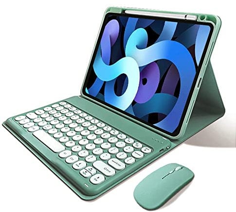 iPad 10th Generation 2022 Keyboard Case with Mouse Cute Round Keys Detachable Bluetooth Keyboard Slim Smart Cover with Pencil Holder (Dark Green)