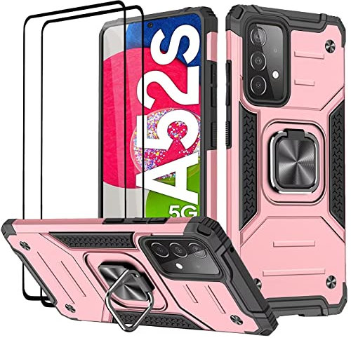 KANSi Cover per Samsung Galaxy A52 4G&5G / A52S, Vetro Temperato [2 Pack] Custodie Silicone TPU 360° Rotante Anello Magnetica Anello Ring Supporto Bumper - Rose Gold
