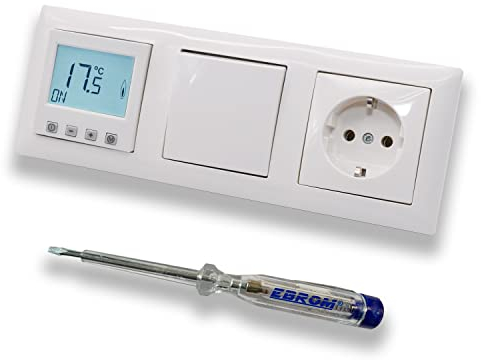 Halmburger Raumthermostat Raumtemperaturregler ERD-55rg DIGITAL in Busch Jäger Balance SI alpinweiß Lichtschalter und Steckdose + EBROM Phasenprüfer zur Montage der Geräte ERD-55 (rg) Fußbodenheizung