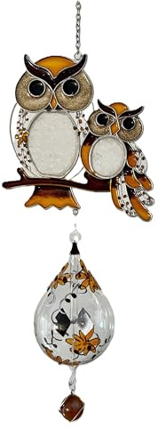 Lichtmühle, Sonnenmühle, Fenster Dekoratio mit Eulen Harmonie, dekorativer, einzigartiger, effektvoller Blickfang und Fenster Schmuck, Glasbläserei, Glasmalerei, 16 x 55 cm, Handarbeit