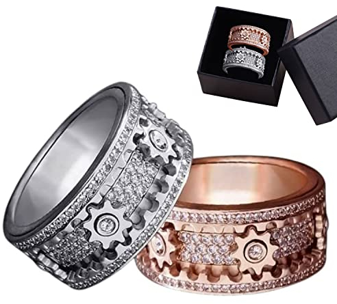 JUSGTPS Handmade Diamond Ornate Geometric 3D Band Ring - Pure Handmade Gear Spinning Full Diamond Starry Ring
