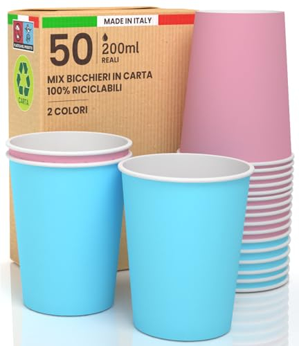 50 Bicchieri in Carta 200ml Mix Happy Ecologici Biodegradabili Monouso Made in Italy Asporto Bevande Calde Acqua - MIX di Colori Rosa Azzurro - Prodotto e Confezionato in Italia