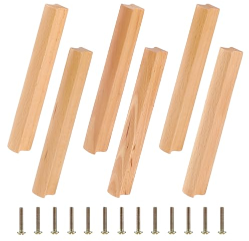 SWAWIS 6 Piezas Tiradores de Madera 160mm, Pomos de Madera para Muebles con Tornillo, Haya Tirador de Cajón para Puertas, Tiradores de Cajones, para Armarios Cajones Muebles Cocinas